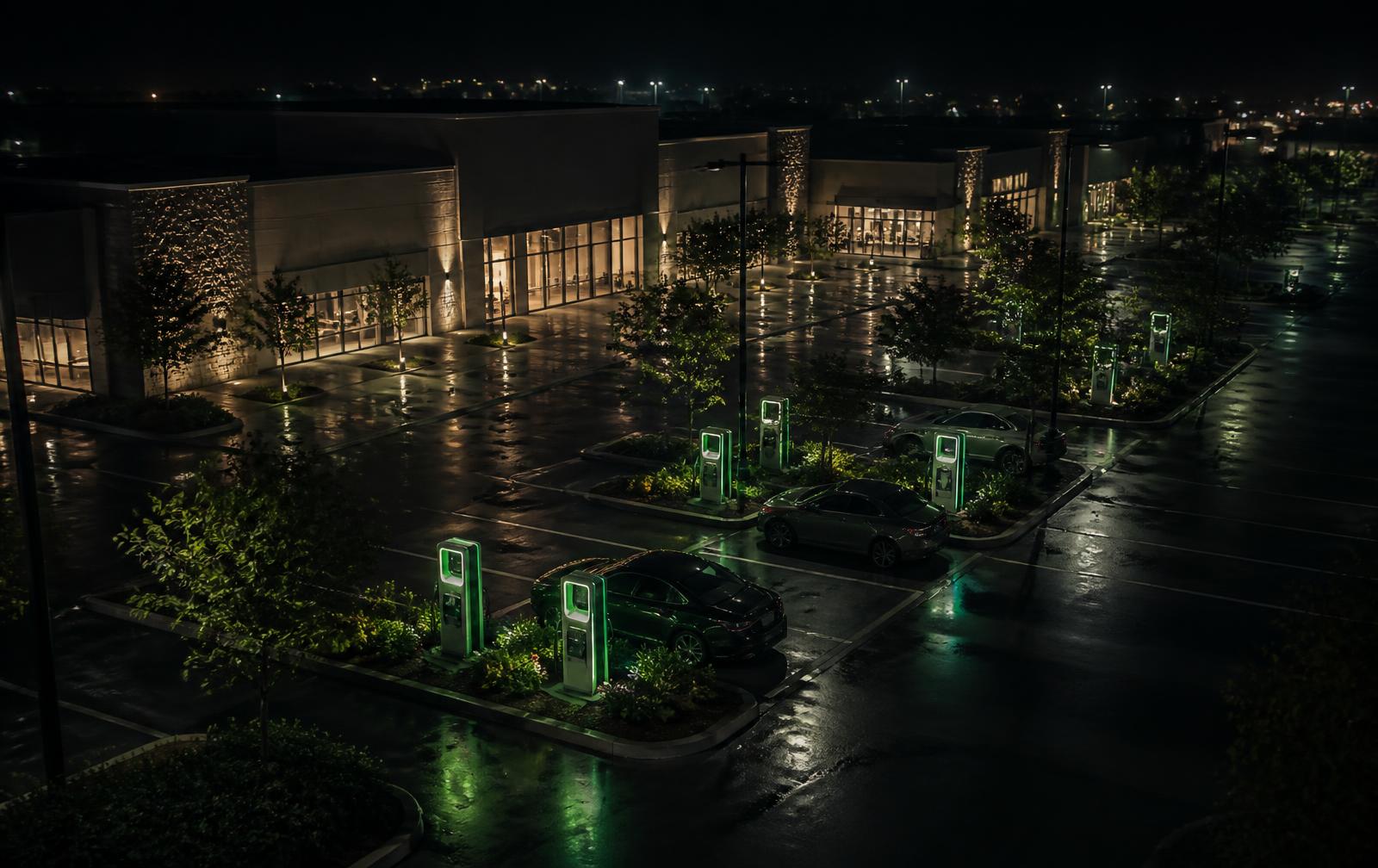 Estações de recarga instaladas em um estacionamento de centro comercial à noite